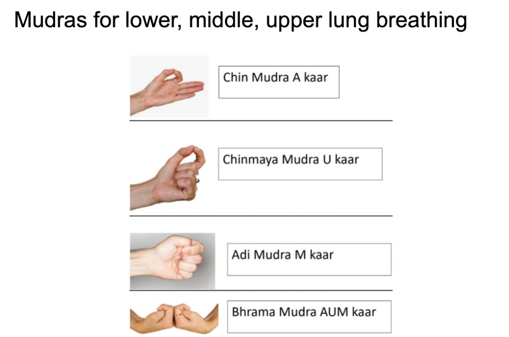 Infographic: Chin Mudra with A sound, Chinmaya Mudra with U, Adi Mudra with M, and Bhrama Mudra with full A-U-M for lower, middle, and upper lung breathing